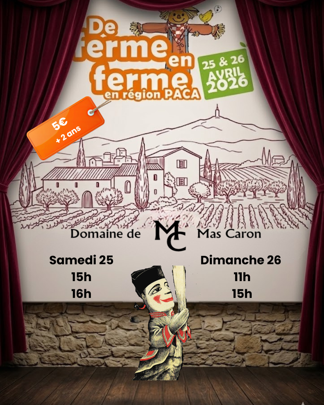 affiche annonce les représentations de Guignol au Domaine de Mas Caron les 25et 26 avril dans le cadre de De ferme en Ferme 2026