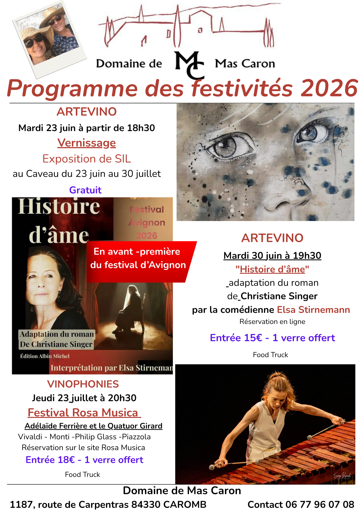 programme des 3 soirées juin-juillet 2026 au Domaine de Mas Caron