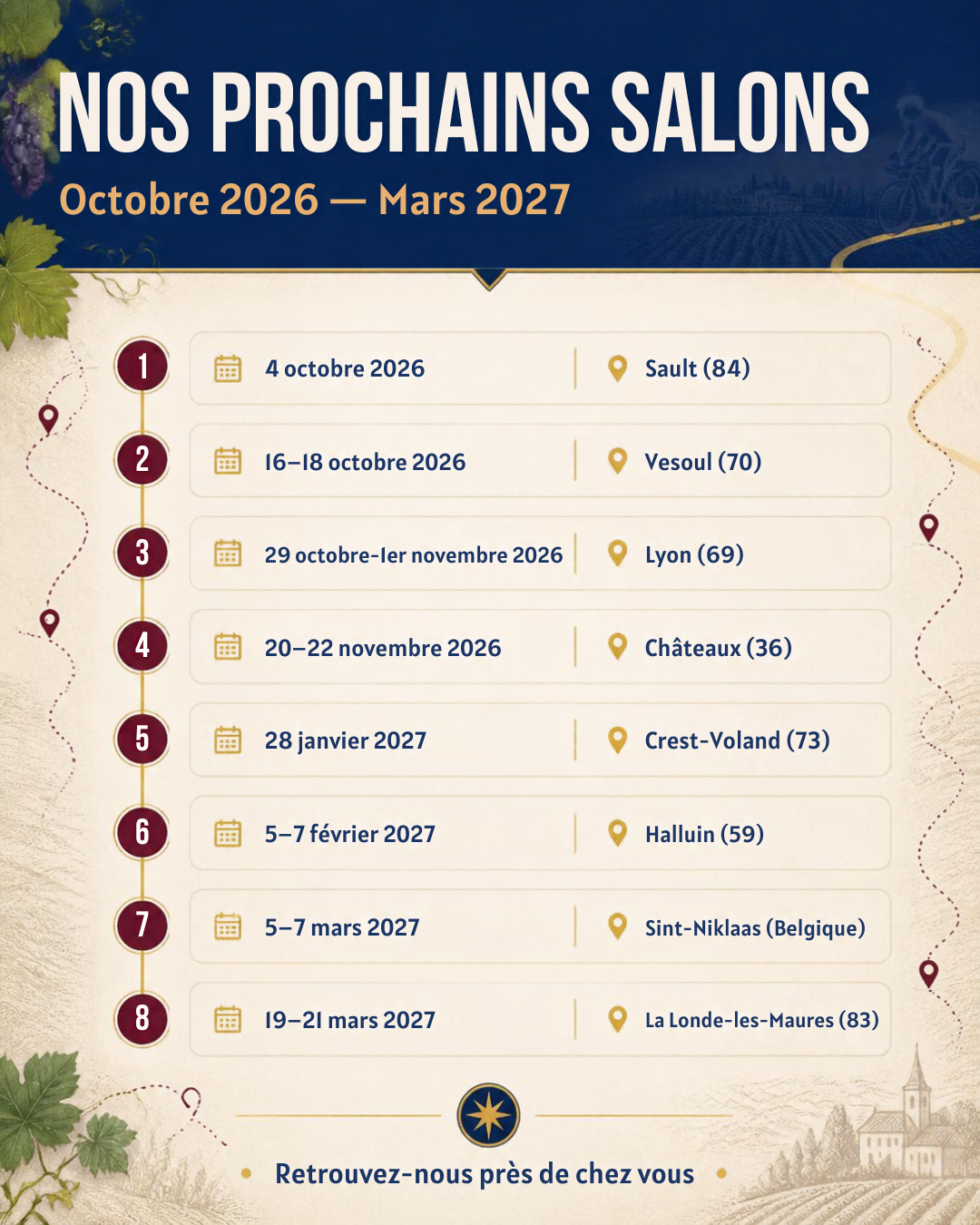 liste "salon des vins" (dates et lieux) d'octobre 26 à mars 2027